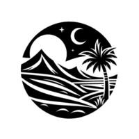 Monochromatic circular illustration Coastal landscape with mountains, palm tree, crescent moon, and stars under a nighttime sky. vector