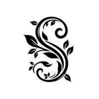 Elegant Floral Design A stylized, blackandwhite illustration of a stylized S formed by swirling vines and delicate leaves, set against a white backdrop. vector
