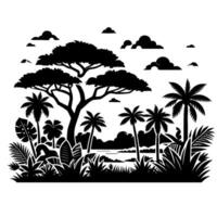 A stark black and white illustration of a tropical landscape featuring various palm trees, dense vegetation, and a large tree with a spreading canopy, under a cloudy sky. vector