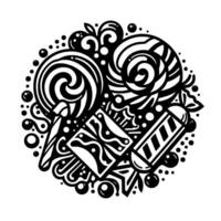 Circular Monochrome Illustration of Assorted Candies Swirl Lollipops, Swirls, Rectangular and Cylindrical Treats, and Bubbles. vector