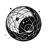 Celestial Sphere A Monochromatic Geometric Illustration of a Cosmos Within a Cosmos, Featuring Stars, Moon, and interconnected Lines. vector