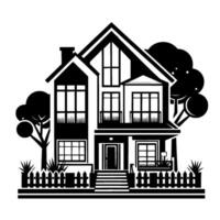 Illustration of a TwoStory House with Trees, Fence, and Balconies in a Black and White Minimalist Design. vector