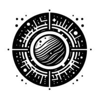 Black and white minimalist cosmic art a stylized planet surrounded by a circular pattern and points, evoking space and the cosmos. vector