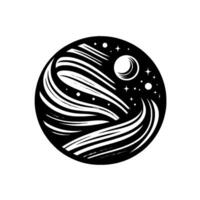 A stylized celestial body in black and white, with swirling lines representing the atmosphere and a crescent moon and stars in a night sky. vector