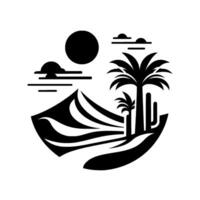 Stylized Black and White Desert Scene with Palm Trees, Dunes, Sun, and Clouds, Minimalist Design. vector