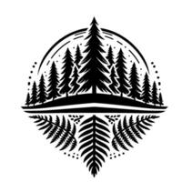 Monochrome Nature Emblem Stylized Forest Scene with Ferns, Trees, and an Arc. vector