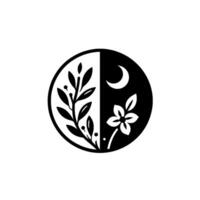 Yin Yang Symbol Floral and Lunar Harmony, SplitCircle Botanical Composition in Black and White. vector