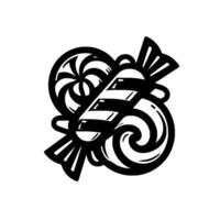 Bold Black and White Illustration of Assorted Candies Swirl Lollipops and a Wrapped Candy Cane, set against a Clean White Background. vector