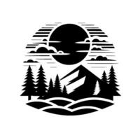 A stylized black and white illustration of a mountain landscape within a circular frame, featuring trees, clouds, and a large sun. vector