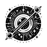 Mystical Cosmic Emblem A circular illustration of a galaxy with stars, planets, and geometric lines, evoking a sense of wonder and celestial beauty. vector