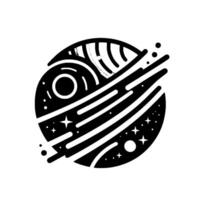Abstract Black and White Cosmic Illustration Planet Earth and Celestial Elements in a Circular with Bold Lines. vector