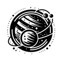 Black and White Celestial Body Graphic Cosmic Planet with Moons, Orbiting Stars, and Dotted Border. vector