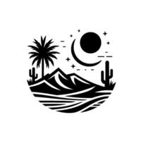A stylized black and white desert landscape within a circular frame, featuring mountains, cacti, palm, night sky with moon and stars, and simple linear elements. vector