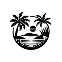 Silhouette of Tropical Paradise within a Circle Palm Trees, Sunset, Island, and Ocean in a Black and White Design. vector