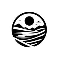 Circular minimalist black and white landscape with sun, mountains, fields, birds, and clouds on white. vector