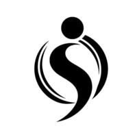 Abstract minimalist featuring a stylized black figure composed of a circle head, a flowing S shape, and curved lines in a white space. vector