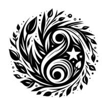 Yin Yang Floral Mandala Circular Black and White with Twirls, Leaves, Stars, and Ornamental Details. vector