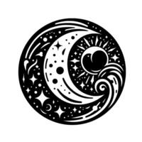 Intricate celestial design, a black and white circular emblem featuring a crescent moon intertwined with a radiant sun, adorned by stars and flowing stylized elements. vector