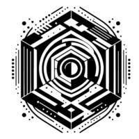 Geometric black and white of concentric shapes, cubelike structure, dots, and stylized eye. vector