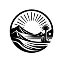 Stylized black and white circular emblem featuring a desert landscape with mountains, radiating sun, palm tree, and minimalist detail. vector
