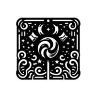 Black and White Fantasy Illustration Swirling Lollipop with Celestial Symbols and Ornate Border in a Square Composition vector