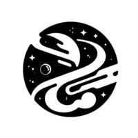 Abstract Monochrome Celestial in Circle Featuring Planets, Stars, Curvilinear Elements, Evoking a Sense of Cosmic Harmony. vector