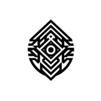 Symmetrical Black and White Geometric Emblem with Central Eye and Abstract Tribal Patterns on White Background. vector