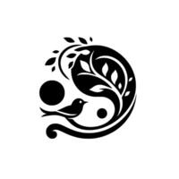 Monochrome YinYang Symbol with Bird, Branch, and Leaves, Illustrating Harmony, Balance, and Nature. vector