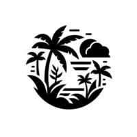 Black White Tropical Paradise Design Palm Trees, Sunset Vegetation Silhouetted Within a Circular Frame. vector