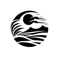 Black and White Circular Depicting a Mountain Landscape with Sun and Waves, a minimalistic and stylized design. vector