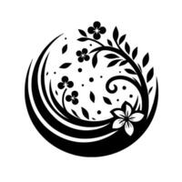 Monochromatic Floral Emblem A Black and White Featuring Flowers, Leaves, and Curvilinear Elements Within a Circular Shape, on a White Backdrop. vector