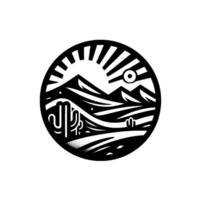 A circular monochrome illustration depicting a desert landscape with a stylized sun and mountains. vector