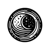 Black and white circular featuring crescent moon, stars, dotted lines, waves, and concentric rings on a stark white background. vector