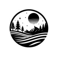 Monochromatic circular illustration of a serene natural landscape with stylized trees, mountains, sun, stars and waves. vector