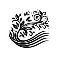 Elegant Black and White Floral with Leafy Branches, Swirls, and Flowing Lines on White Background. vector