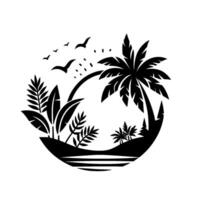 Monochromatic Tropical Island Scene in Circular Frame Palm Trees, Flora, Birds, and a Beach Horizon, in a Minimalist Silhouette. vector