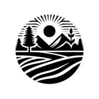 Circular BW Landscape Design Mountains, Forest, Fields, Sun Burst in Style. vector