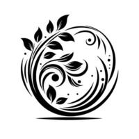 Intricate Black and White Floral Design, Arranged in Circular Pattern with Leaves, Swirls, and Dot Accents on White Background. vector