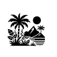 Black and white minimalist illustration of a tropical scene with palm trees, mountains, sun, vegetation, and water. vector