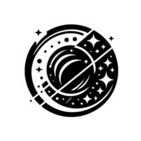 Abstract Monochrome Celestial Composition A Circular Emblem of Planets, Stars, and Geometric Patterns on a White Background. vector