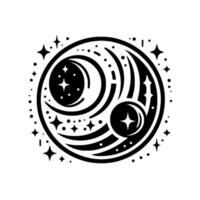 Celestial Black White Circular Design Crescent Moons, Stars, Orbs, and Cosmic Swirls in a Minimalist Style. vector