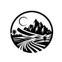 Stylized black and white landscape within a circle, featuring a mountain range, crescent moon, palm trees, fields, and industrial buildings. vector