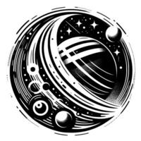 Artistic Black and White Celestial Orb Planets, Stars, and Cosmic Swirls Enclosed in a Round, Abstract Design. vector