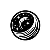 A stylized black and white circular featuring a crescent moon, stars, and flowing lines, representing a celestial or spacethemed design. vector
