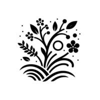 Monochrome botanical illustration, a stylized floral with branches, leaves, berries, flowers, and grasses on a white background, in a minimalist style. vector