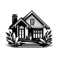 Black and White Illustrated Cottage Charming depiction of a home with plants, chimney, and detailed architectural elements in minimalist style. vector