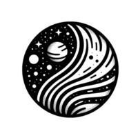 Black and white illustration of celestial spheres in a yinyanginspired composition, featuring planets, stars, and cosmic waves within a circular frame. vector