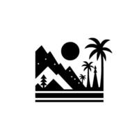Black and white silhouette of a landscape featuring stylized mountains with dots, palm trees, a sun, and stylized pine trees on a horizon line. vector