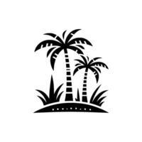 Stylized Black and White Illustration of Tropical Scene Two Palm Trees on Island with Grass and Decorative Edge on a White Background. vector