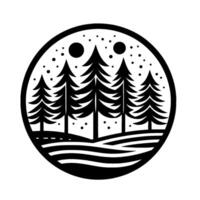 A minimalist black and white circular showcasing a serene forest landscape with stylized evergreen trees, two stylized suns, and a snowy sky. vector